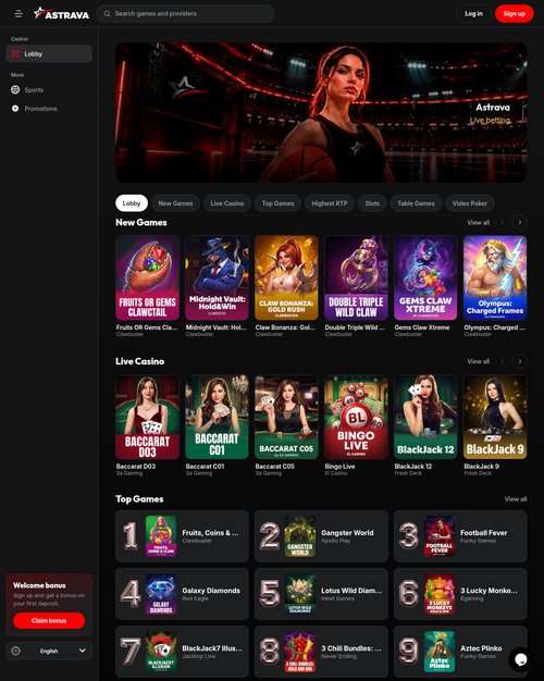 The astrava.live homepage, now live: casino, live casino and sports betting.